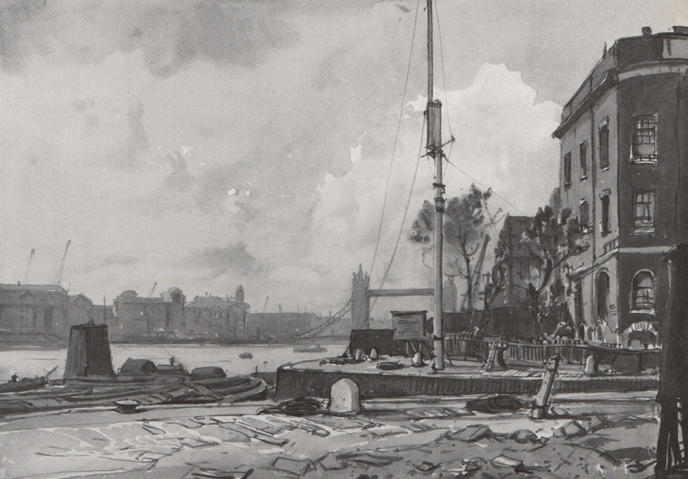 LONDON. Tower Bridge from Wapping entrance, by Claude Muncaster 1947 old print